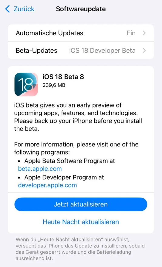 通辽苹果手机维修分享苹果 iOS / iPadOS 18 开发者预览版 Beta 8 发布 